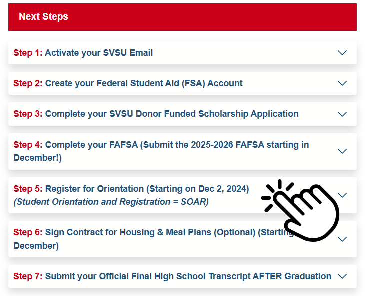 Steps showing incoming student to select 